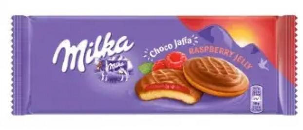 Печиво Milka бісквітне з желейною начинкою зі смаком малини в молочному шоколаді 147г