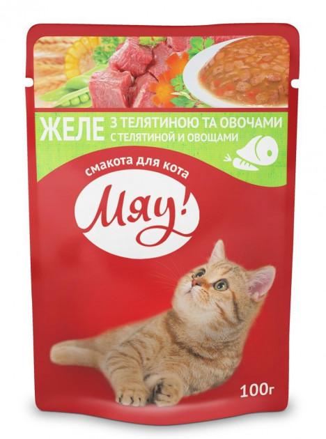 Корм МЯУ Желе з Телятиною та овочами для дорослих котів 100гр
