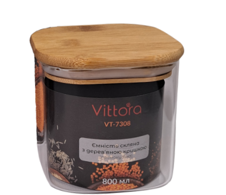 Ємність Vittora скляна з дерев’яною кришкою 800мл VT-7308