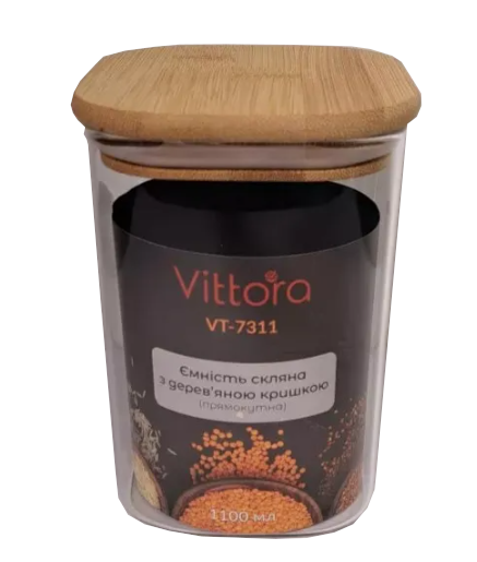Ємність Vittora скляна з дерев’яною кришкою 1,1л VT-7311